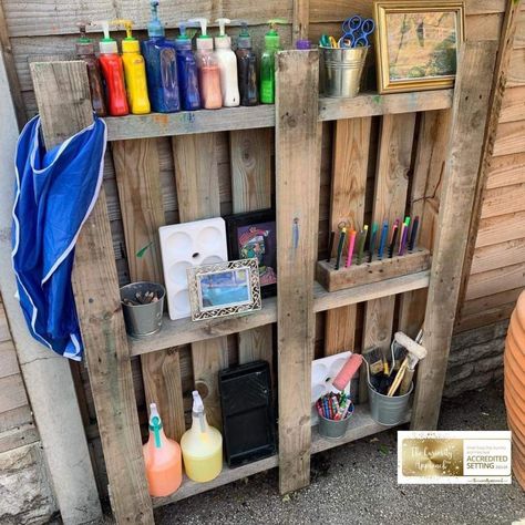 Eyfs Outdoor Writing Area, Outdoor Investigation Area Eyfs, Eyfs Outdoor Creative Area, Eyfs Outdoor Art Area, Learning Environments Early Childhood, Early Childhood Environments, Outdoor Continuous Provision, School Outside Area, Pallet Classroom Ideas