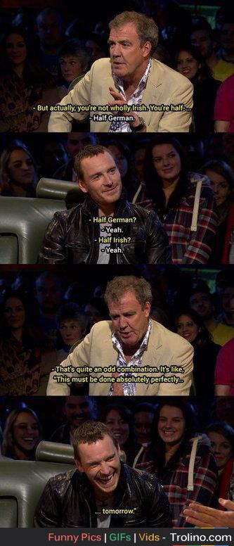 Half German, Half Irish Top Gear Funny, Random Celebrities, Top Gear Uk, Jeremy Clarkson, Charles Xavier, Irish Funny, Michael Fassbender, Top Gear, Grand Tour