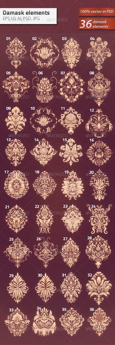 36 Damask Ornamental Elements #GraphicRiver Vector set of damask ornamental elements. Tattoo Ideas Vintage, Thigh Piece, Mirror Design Wall, Desenho Tattoo, Hur Man Målar, Ideas Vintage, Wow Art, Skin Art, Kirigami