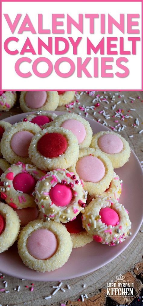 Similar to a classic thumbprint cookie, these valentine cookies use candy melts instead of jam. Makes a great valentine treat for that special someone! #valentine #pink #cookies #candy #melts @wilton Melt Cookies, Valentine Dessert, Mocha Cheesecake, Thumbprint Cookie, Candy Melt, Valentines Recipes Desserts, Diet Lunch, Quick Cookies, Keto Pumpkin Pie