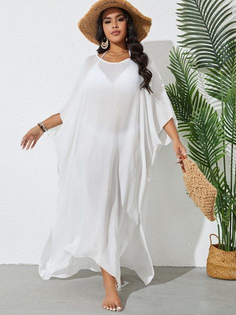 Plus Solid Batwing Sleeve Cover Up Dress Without Bikini | SHEIN USA White Bikinis, Womens Kimono, Cover Ups, Cover Up Dress, Batwing Sleeve, White Collar, Bat Wings, Kimonos, Plus Clothing