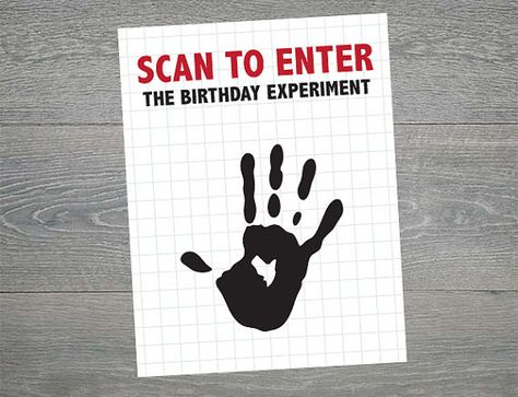 Science Birthday party decor- SCAN TO ENTER printable sign Scan To Enter, Science Themed Birthday Party Activities, Science Experiment Birthday Party, Science Lab Birthday Party Ideas, Science Birthday Invitations Free, Science Party Printables, Science Party Decorations, Science Fair Projects Boards, Free Printable Artwork