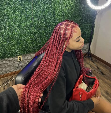 Red Bohieman Knotless Box Braids, Red Knot Less Braids With Curls, Boho Red Knotless Braids, Small Red Bohemian Knotless Braids, Boho Knotless Braids With Color Red, Maroon Goddess Knotless Braids, Burgundy Bohemian Braids, Burgundy Knotless Box Braids With Curls, Bohemian Knotless Braids Burgundy