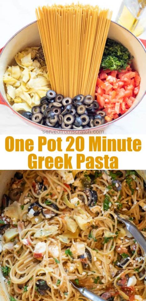 One Pot 20 Minute Greek Pasta - Served From Scratch Meals Pasta, One Pot Wonder, Whole Wheat Spaghetti, Cooking Lunch, Pasta Spaghetti, Greek Pasta, One Pot Wonders, One Pot Dinners, Whole Wheat Pasta