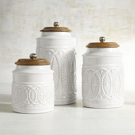 These are beautiful Ivory Farmhouse Canisters.  A great look for any kitchen.  #affiliate Farmhouse Kitchen Canisters, Farmhouse Canisters, Primitive Bathrooms, Tuscan Kitchen, French Country Kitchen, Primitive Kitchen, Primitive Decorating Country, Farmhouse Style Kitchen, Kitchen Canisters