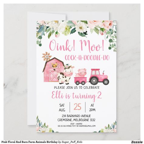 Pink Floral And Barn Farm Animals Birthday Invitation https://www.zazzle.com/pink_floral_and_barn_farm_animals_birthday_invitation-256624679124965459?t_text7_txt=We%20will%20have%20a%20petting%20zoo%20from%202-3PM&t_text18_txt=259%20HERITAGE%20CREEK%20TRL%0D%0ABALL%20GROUND%2C%20GA%2030107&t_text17_txt=18&t_text20_txt=Evelyn%20is%20turning%204&t_text21_txt=SAT%0D%0AFEB&social=true #ZazzleMade Rancho Party, Barnyard Party Invitations, Pink Farm Birthday, Pink Barnyard Party, Barn Birthday Party, Girls Farm Birthday, Animals Birthday Invitation, Farm Animals Birthday, Farm Invitation