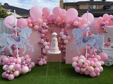 Alessia’s Magical 1st Birthday | CatchMyParty.com Carousel Birthday Party, Carousel Birthday Parties, Carousel Party, Carousel Cake, Carousel Birthday, 1st Birthday Girl Decorations, 1st Birthday Party For Girls, Search Party, Carnival Themed Party