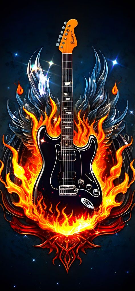 Flaming Guitar Fender Tattoo, Flaming Guitar, Flame Guitar, Guitar Wallpaper, Rock N Roll Art, Electric Guitar Design, Guitar Painting, Fender Guitar, March 5