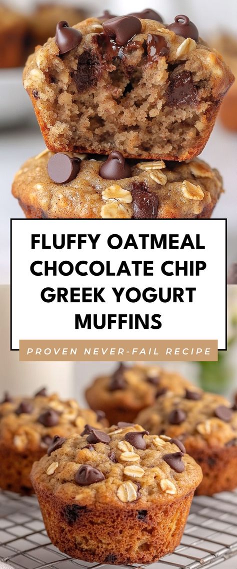 Image for Fluffy Oatmeal Chocolate Chip Greek Yogurt Muffins Healthy Protein Muffins, Yogurt Recipes Breakfast, Fluffy Oatmeal, Healthy Chocolate Chip Muffins, Greek Yogurt Dessert, Chocolate Protein Muffins, Yummy Oatmeal, Oatmeal Muffins Healthy, Greek Yogurt Breakfast