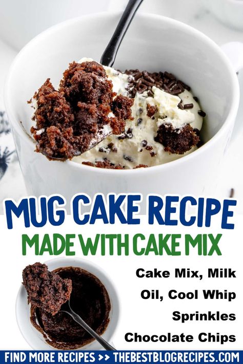 Mug cake with cake mix is a moist and delicious single-serving size dessert. This quick and easy personal-sized cake is ready to eat in just 7 minutes. Mug Cake From Cake Mix Microwave, Mug Cake Recipe With Box Cake, Mug Cake Microwave From Box Cake, Mug Cake With Brownie Mix Boxes, Cake In A Mug Microwave With Box Cake, 123 Cake In A Mug, Mug Cake Microwave With Box Cake, Cake In A Mug With Cake Mix Boxes, Mug Cake From Box Cake