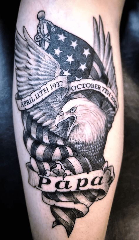 Southern Mens Tattoos, Rip Grandpa Tattoo For Men, Veterans Memorial Tattoos, Army Remembrance Tattoos, Marine Memorial Tattoo Grandpa, Veteran Tattoo Grandpa, Eagle Remembrance Tattoo, Small Memorial Tattoos Grandparents Men, Eagle Memorial Tattoo Dads