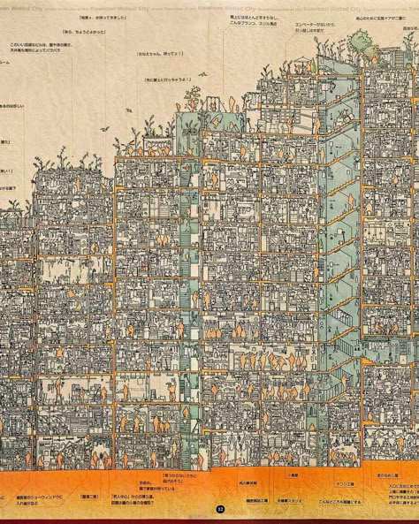 A Rare Cross-Section Illustration Reveals the Infamous Happenings of Kowloon Walled City — Colossal Hong Kong House, Cyberpunk Inspiration, Cartoon Town, Kowloon Walled City, Moving Cities, Ursula K Le Guin, Vertical City, Arcology, Rain World