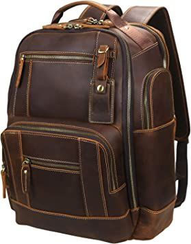 Lannsyne Men's Vintage Full Grain Leather 15.6 Inch Laptop Backpack Camping Travel 24L Rucksack Leather School Bag, Leather Travel Backpack, Large Backpack Travel, Vintage Leather Backpack, Retro Backpack, Men Backpack, Luxury Backpack, Leather Backpack For Men, Mens Backpack Travel