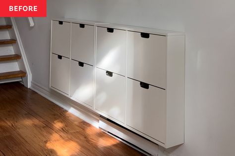 A $600 IKEA STALL Hack Looks Much More Expensive | Apartment Therapy Shoe Storage Hacks, Adu Ideas, Expensive Apartment, Ikea Shoe Cabinet, Ikea Shoe, Dark Bathrooms, Shoe Cabinets, Ikea Billy, Ikea Hemnes