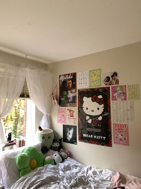 Hello Kitty Posters For Room, Aesthetic Room Green And Pink, Dorm Room Ideas Hello Kitty, Sanrio Dorm Room, Dorm Room Inspo Aesthetic Pink, Hello Kitty Inspired Room, Hello Kitty Grunge Room, Hello Kitty Dorm Room, Dorm Room Ideas Grunge