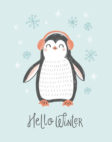 Cute penguin character vector illustration. Christmas hand drawn penguin in winter earmuffs with snowflakes. Winter holiday greeting card design. Penguin Christmas Cards, Penguin Vector, Penguin Character, Holiday Greeting Card Design, Winter Earmuffs, Alphabet Drawing, Penguin Illustration, Penguin Drawing, Arte Aesthetic