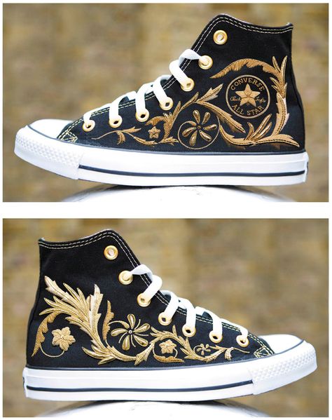 Converse Embroidery Ideas, Personalised Converse, Personalized Converse, Converse Embroidery, Embroidered Converse, Black High Top Converse, High Top Converse, Stitch Clothes, Custom Converse