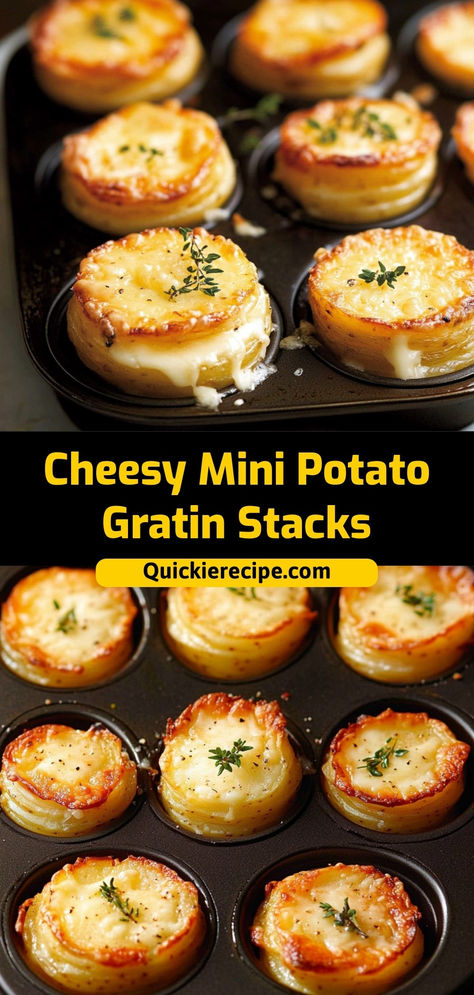 These Cheesy Mini Potato Gratin Stacks are a creamy, crispy side dish that’s perfect for any occasion. Made with thinly sliced potatoes, cream, and cheese, they’re baked in muffin tins for an easy, elegant presentation.

Ingredients:

2 large potatoes, thinly sliced
1/2 cup heavy cream
1/2 cup shredded Gruyère cheese
1 tsp garlic powder
A cheesy, golden side dish that’s both fancy and fun Creamy Potato Stacks, Potato And Goat Cheese Recipes, Au Gratin Potato Stacks, Individual Au Gratin Potatoes, Cheesy Potatoes In Muffin Tin, Cheesy Mini Potato Gratin Stacks (muffin Tin), Muffin Tin Potatoes Gratin, Potatoes Au Gratin Muffin Tin, Potatoe Stacks In Muffin Tin