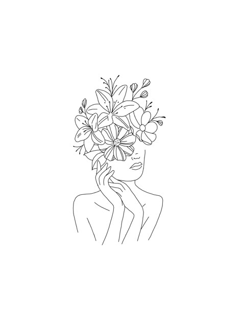 Female Head With Flowers Tattoo, Head With Flowers Coming Out Tattoo, Flower Head Lady Tattoo, Flowers Coming Out Of Head Tattoo, Take Care Of Yourself Tattoo, Face And Flower Tattoo, Head With Flowers Tattoo, Step By Step Tattoo, Body Outline Tattoo