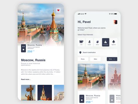 Travel application Moscow by Pavel Kodanev Mobile Application Ui, Travel Application, Application Ui Design, Hotel Booking App, To Do App, Ui Design Mobile, Unique Website Design, Ui Ux 디자인, Mobile App Design Inspiration