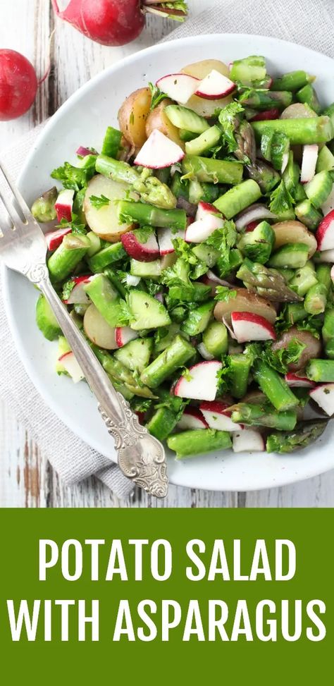 Potato And Asparagus Recipe, Asparagus Potato, Dill Vinaigrette, Potato Asparagus, Roasted Garlic Dressing, Salad With Asparagus, Potatoe Salad, Seasonal Veggies, Warm Potato Salads