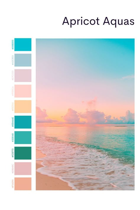 Apricot Aquas colour palette Aqua Color Schemes, Beachy Color Palette, Aqua Color Palette, Beach Color Palettes, Beach House Colors, Modern Decor Ideas, Pastel Beach, Color Schemes Colour Palettes, Sea Colour