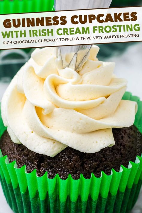 Moist and rich chocolate cupcakes baked with Guinness beer, topped with a silky Irish cream frosting, and drizzled with an Irish cream chocolate sauce! #chocolate #cupcakes #stpatricksday #stpattysday #baking #dessertrecipe #guinness #irishcream Irish Cream Cupcakes, Creme Cupcake, Irish Cream Frosting, Irish Chocolate, Guinness Cupcakes, The Chunky Chef, Boozy Cupcakes, Guinness Chocolate, Chunky Chef