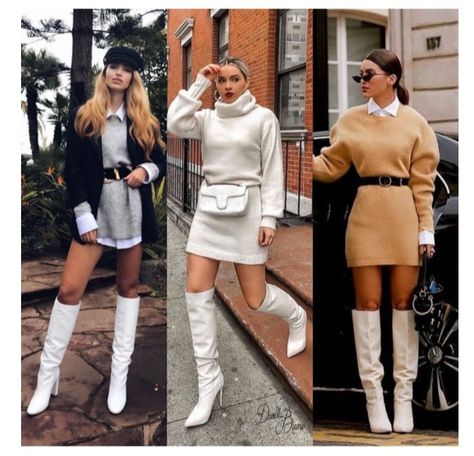 White Long Boots Outfit, White Knee High Boots Outfit, White Boots Outfit, Outfit Botas, White Leather Boots, Winter Boots Outfits, White Boots, Looks Chic, Lookbook Outfits