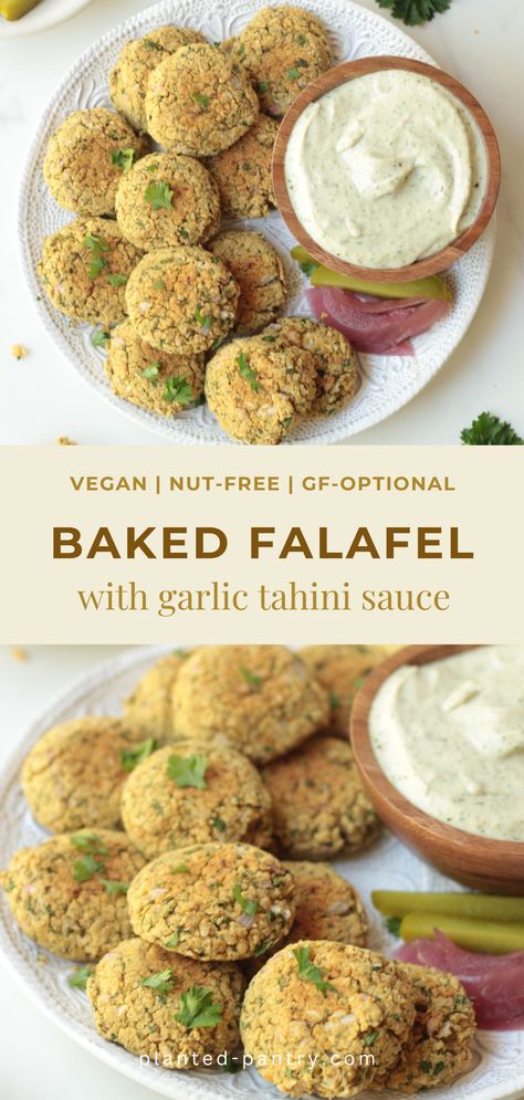 This quick and easy Baked Falafel with Garlic Tahini Sauce is made in under 30 minutes with basic ingredients. This recipe is vegan, nut-free, and easy to make gluten-free too! Garlic Tahini Sauce, Oil Free Vegan Recipes, Refined Sugar Free Recipes, Baked Falafel, Gluten Free Bread Crumbs, Nut Free Recipes, Vegan Sides, Vegan Main Dishes, Oil Free Vegan