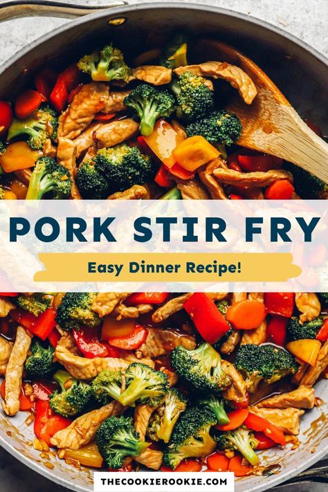 This easy and flavorful Pork Stir Fry recipe is a delicious weeknight dinner that checks all the right boxes. Strips of pork tenderloin are served with a medley of fresh vegetables, like broccoli and bell peppers, in a sweet, tangy, and spicy stir-fry sauce that features ginger and garlic. The best part is this stir-fried pork dish cooks in 15 minutes! Pork Sirloin Stir Fry, Asian Dishes With Pork, Pork Shabu Stir Fry, Stir Fry With Pork Chops, Pork And Broccoli Recipes, Stir Fry Pork And Vegetables, Air Fry Stir Fry, Pork Loin Stir Fry Recipes, Pork Chop Stir Fry Recipes