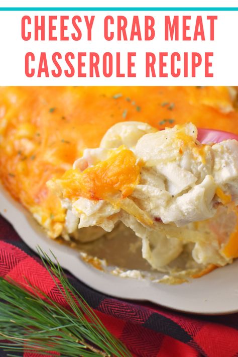 A cheesy, and creamy crab meat casserole recipe with sweet onion, imitation crab meat, and delicious flavor. This is perfect served with crusty bread or thick crackers. Crab And Cheese Casserole, Can Crab Meat Recipes Easy, Bariatric Crab Recipes, Keto Recipes With Crab Meat, Crab Meat Enchiladas, Crab Supreme Recipes, Recipes With Crab Meat Easy, Imation Crab Recipes Cream Cheeses, Crabmeat Recipes Easy