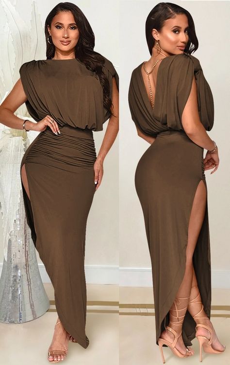 Material:Polyester+Spandex Sheer ruffles sweep from short sleeves to an asymmetrical hem, while a keyhole opening adds a sexy touch to the V-neckline. A rich, autumnal hue will compliment your bronzed skin. Add dark brown accessories and barely there makeup for the most flattering look. Dress is lined.Tailored to perfection with flattering and elastic waistband, featuring plunging back and sweet ruched detailing. Cheap Party Dresses, Cheap Party, Must Buy, Sleeveless Long Dress, فستان سهرة, Midi Dress Casual, Long Sleeve Short Dress, Glam Dresses, Event Dresses