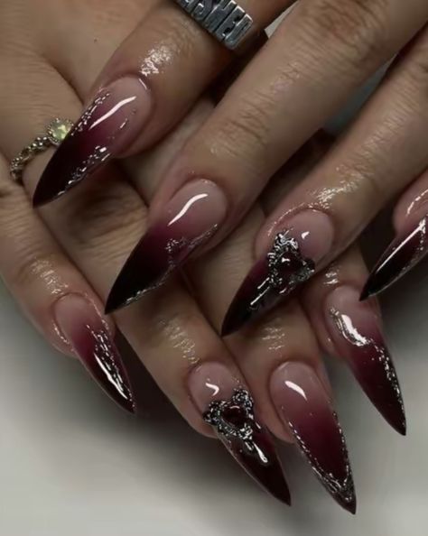 Dark Nail Sets, Dark Romance Nails Ideas, Red Smokey Nails, Nails Edgy Grunge, Nail Inspo Gothic, Catholic Nails Acrylic, Vampire Aesthetic Nails, Nail Dark Red, Dark Fae Nails