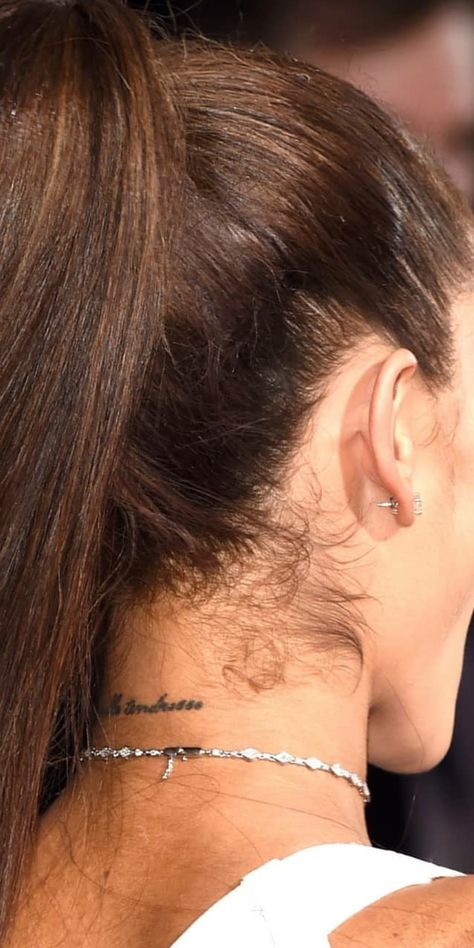 Celebrity Tattoos Male, Celebrity Tattoos Women, Small Celebrities, Grande Tattoo, Ariana Grande Tattoo, Neck Tattoos Women, Jellyfish Tattoo, Tattoos Women, Weird Tattoos