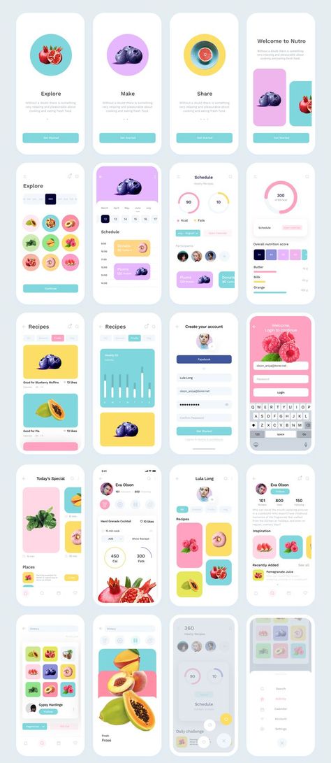 Nutro Super clean and minimalistic iOS UI Kit | Without a doubt, there is something very relaxing and pleasurable about cooking and eating fresh food. Nutro is the #iOS #UI Kit, perfect for the apps based on nutrition, calculator of calories, charts, and 3fitness. 30+ #screens for #iPhone XS. | #uidesign #uxdesign #appdesign #ux #userinterface #design #app #web #interface Ios Ux Design, Colourful App Design, Ux Design Accessibility, App Interface Design Inspiration, App Inspiration Design, To Do App Design, Nutrition App Design, Minimalistic App Design, Nutrition App Ui Design