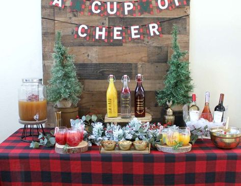 "Have A Cup Of Cheer" / Christmas/Holiday "Holiday Drink Table" | Catch My Party Wooden Christmas Yard Decorations, Beverage Station Party, Have A Cup Of Cheer, Christmas Party Drinks, Inflatable Christmas Decorations Outdoor, Holiday Party Ideas, Cup Of Cheer, Christmas Decor Trends, Christmas Cocktail Party