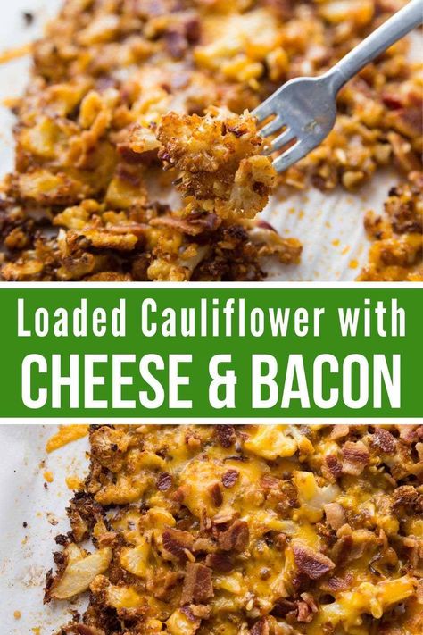 This loaded Roasted cauliflower recipe with Cheese & Bacon is amazingly delicious and easy to make. Even if you don't normally love cauliflower, give this low carb recipe a try. #Keto #Lowcarb Roasted Cauliflower With Cheese, Cauliflower With Cheese, Kasey Trenum, Recipe With Cheese, Roasted Cauliflower Recipe, Keto Veggies, Keto Vegetables, Bacon Cauliflower, Roasted Cauliflower Recipes