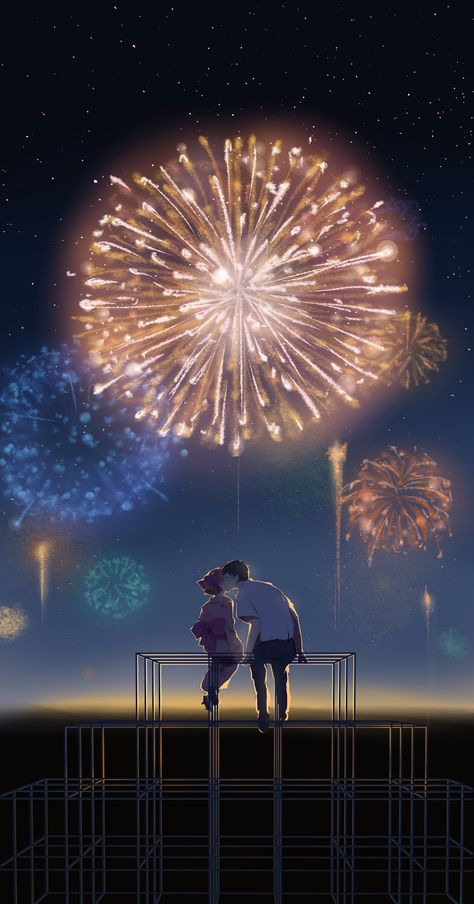 1boy 1girl absurdres aerial_fireworks black_hair bow couple far_eastern_funion fireworks gekkan_shoujo_nozaki-kun hair_bow hetero highres japanese_clothes kimono kiss long_hair night night_sky nozaki_umetarou orange_hair sakura_chiyo short_hair sky yukata New Year Anime, A Silent Voice, Anime Love Couple, Anime Background, Cute Anime Couples, Anime Scenery, Anime Movies, Anime Love, Anime Fanart