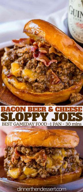 Bacon, Beer and Cheese Sloppy Joes are the perfect gameday food for a crowd with a Guinness sauce and sharp cheddar cheese filling. #bacon #beer #cheese #sloppyjoes #dinnerthendessert #weeknightmeals #gameday Dinner Recipes To Change It Up, Cheese Sloppy Joes, Resep Burger, Resep Sandwich, Comfy Food, Fast Easy Dinner, Beer Bacon, Grab Food, Sloppy Joes Recipe