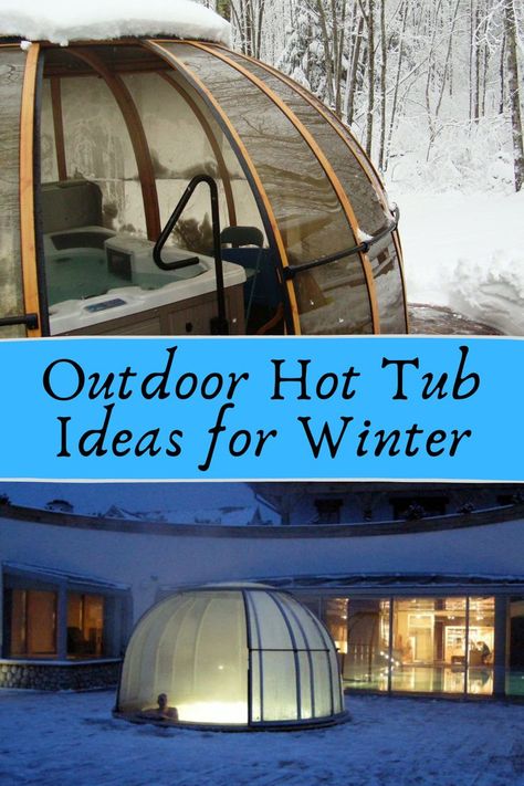 Pictures of two outdoor hot tub enclosures that are being used by people during a winter snow fall. Outdoor Hot Tub Ideas, Hot Tub Decorating, Hot Tub Enclosure, Backyard Hot Tub, Hot Tub Deck Design, Hot Tub Ideas, Small Hot Tub, Hot Tub Privacy, Hot Tub Pergola