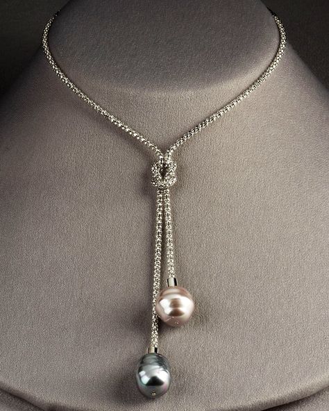 lariat necklace (you can mix and match the two beads but keep the same necklace chain; add charms to the middle above dangling beads to make effect: eg, put rain cloud dangling above two briolettes for raindrops) Casual Pearl Necklace, قلادات متدلية, Pearl Lariat Necklace, Pearl Lariat, Pearl Jewelry Design, Pearl Necklace Designs, Women Pendant, Diamond Jewelry Designs, Bead Jewellery