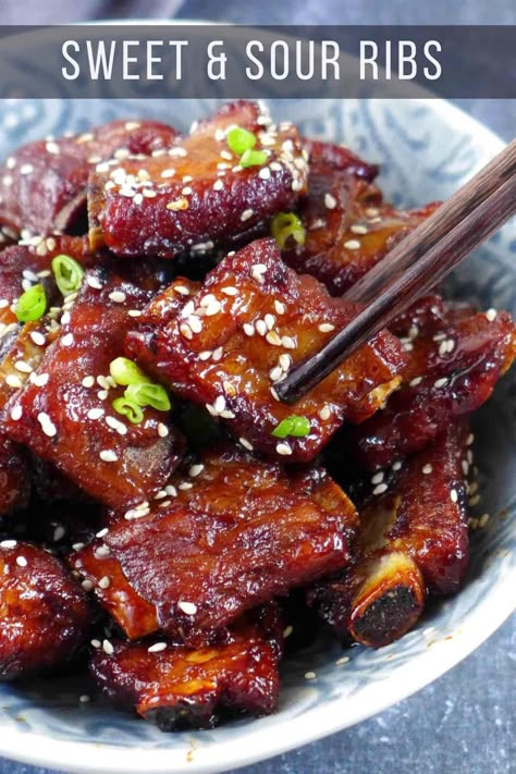 Sweet and Sour Ribs (Tang Cu Pai Gu, 糖醋排骨) Ribs Asian Style, Sweet And Sour Spare Ribs, Sweet And Sour Ribs, Asian Ribs, Chinese Pork Recipes, Sweet N Sour Pork Recipe, Spare Ribs Recipe, Sticky Sesame Chicken, Ribs Bbq