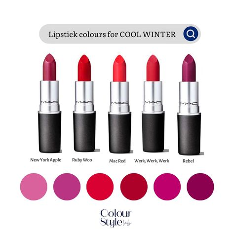 The best lip colours for Cool Winters are blue-based pinks, reds and purples. Avoid warm oranges, yellow-based reds, brown tones and peachy pinks. . . . . . #truewinter #coolwinter #coolwintermakeup #makeup #coolundertone #makeup True Winter Makeup Products, True Winter Lipstick Colors, Cool Winter Lipstick Colors, Cool Winter Lipstick, True Winter Lipstick, Zoe Deschanel, Jewel Winter, Winter Lipstick Colors, True Winter Palette