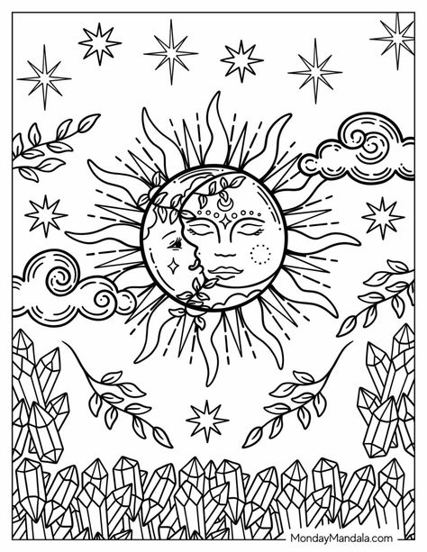 Meditative Coloring Pages, Images To Color Free Printable, Whimsigoth Coloring Page, Mandala Art Printables, Full Moon Coloring Pages, Occult Coloring Pages, Hippy Coloring Pages, Manifestation Coloring Pages, Free Witchy Coloring Pages