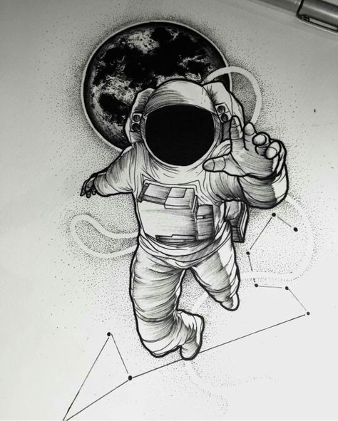 Tatuagem Astronauta; Astronaut Tattoo; Constelação de Escorpião; Constellation Scorpio; Planeta; Planet; Desenho; Designer. Queen Of Hearts Tattoo, Astronaut Drawing, Astronaut Tattoo, New Tattoo Designs, Space Drawings, Astronaut Art, Geniale Tattoos, Space Tattoo, New Tattoo