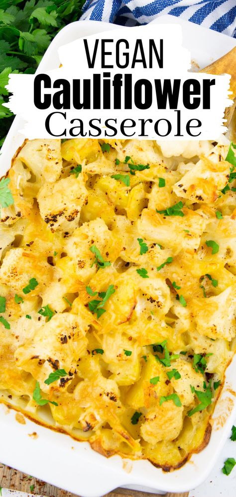 This cauliflower casserole is perfect for weeknight dinners, but it also makes a great side dish for special occasions. It's super creamy, cheesy, comforting, and completely vegan. Califlower Casserole, Vegan Cheesy Cauliflower, Vegan Cauliflower Casserole, Cheesy Cauliflower Casserole, Cheesy Cauliflower Bake, Vegan Shredded Cheese, Alpha Gal, Cooking Cream, Cheesy Cauliflower