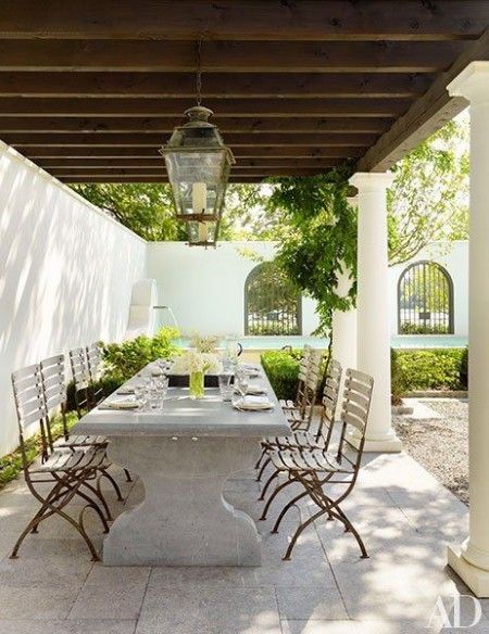 6. outdoor dining - stone table with wooden chairs Pergola Modern, Cape Dutch, Pergola Diy, Louisiana Homes, Dutch Style, Gravel Patio, Cozy Backyard, Casa Country, Patio Inspiration