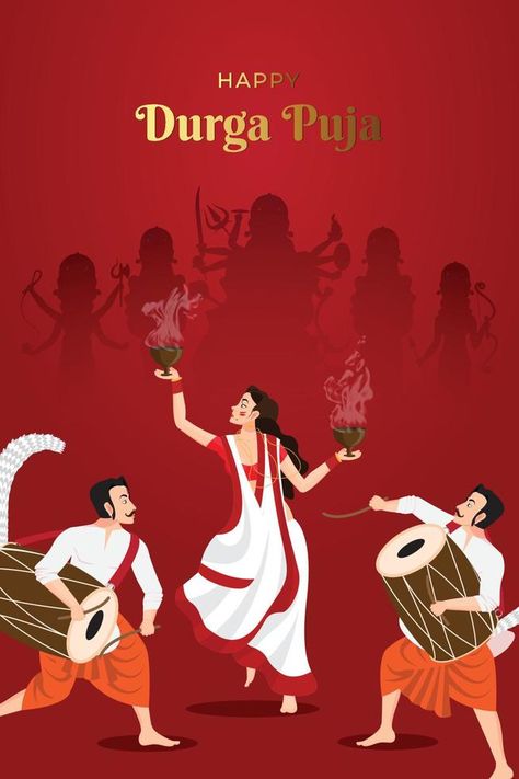 Durga Puja Celebration Drawing, Durga Puja Animation, Durga Puja Elements, Creative Navratri Poster Design, Durga Puja Creative Poster, Maa Durga Illustration, Navratri Poster Creative, Durga Pooja Creative Ads, Durga Puja Poster Design