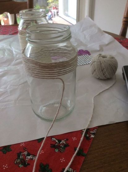 diy embellished glass mason jars with twine Twine Mason Jars, Twine On Mason Jars, Mason Jars With Twine, Tying Twine Around Mason Jars To Hang, Clean Supplies, Hang Mason Jars With Twine, How To Tie Twine Around Mason Jar, Mason Jar Twine, Macrame Jar Cover Diy Tutorial