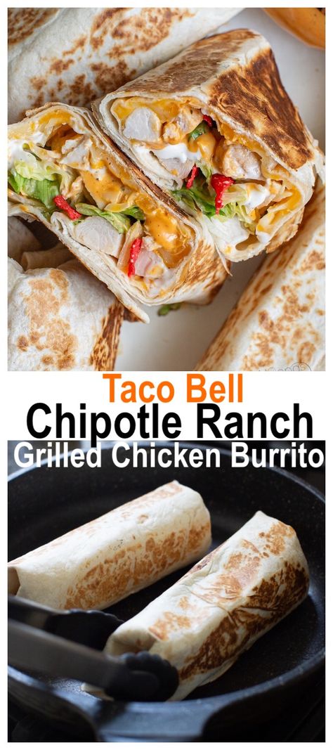 toasted chicken burrito with chipotle ranch sauce Chipotle Ranch Grilled Chicken Burrito, Chicken Burrito Recipe, Burrito Recipe Chicken, Taco Bell Recipes, Ranch Sauce, Chipotle Ranch, Burrito Recipe, Chicken Burrito, Burritos Recipe